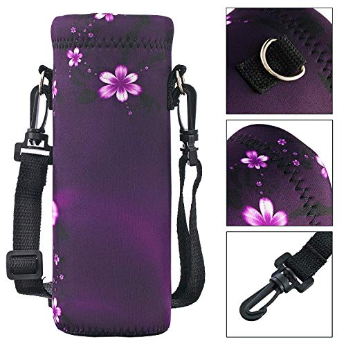 Neoprene Water Bottle Carrier Bag with Adjustable Shoulder Strap,Insulated Water Bottle Cover for Stainless Steel/Glass/Plastic Bottles - color: Purple Flowers, size: 500ml
