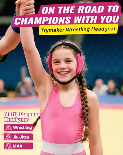 Trymaker Wrestling Headgear, Head Gear for Youth with Chin Cup & Pad, Dual Ear Guard for MMA, BJJ (Head Under 21", Ages 4–9) - color: Pink Headgear & Black Strap
