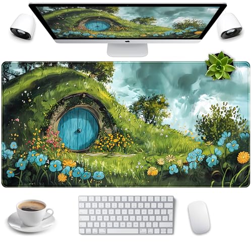 Cute Landscape Cartoons Desk Mat Aesthetic Gaming Mouse Pad XXL Large Extended Green Sage Desk Pad, Laptop Keyboard and Mouse Mat, Computer Desktop Mat Playmat, Women Desk Decor Pad 31.5x15.7 in - color: Green Landscape Cartoons