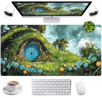 Cute Landscape Cartoons Desk Mat Aesthetic Gaming Mouse Pad XXL Large Extended Green Sage Desk Pad, Laptop Keyboard and Mouse Mat, Computer Desktop Mat Playmat, Women Desk Decor Pad 31.5x15.7 in - color: Green Landscape Cartoons