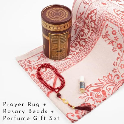 Islamic Prayer Rug 4 Pcs Gift Set with Kaaba Design Box | Sajadah, Tasbih, Perfume | Suitable for Ramadan, Eid, Travel, or Home (Burgundy, Standart) - color: Burgundy
