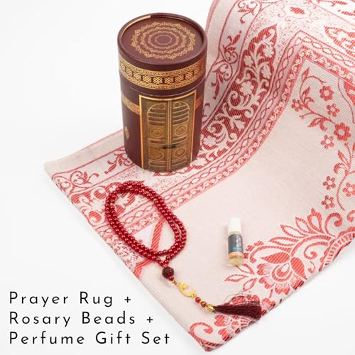 Islamic Prayer Rug 4 Pcs Gift Set with Kaaba Design Box | Sajadah, Tasbih, Perfume | Suitable for Ramadan, Eid, Travel, or Home (Burgundy, Standart) - color: Burgundy