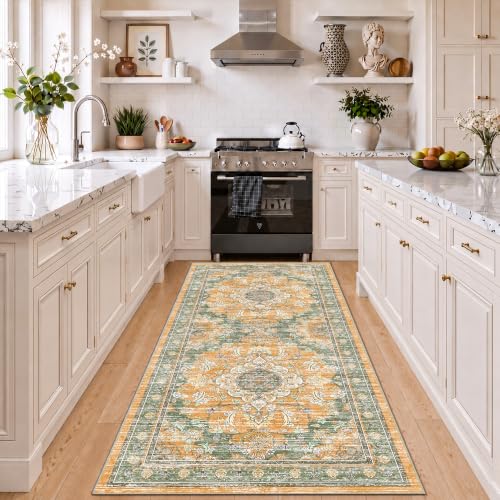 2x6 Boho Washable Runner Area Rugs, Non Slip Foldable Carpets, Green Orange - color: Green Orange, size: 2' x 6' (Rectangular)
