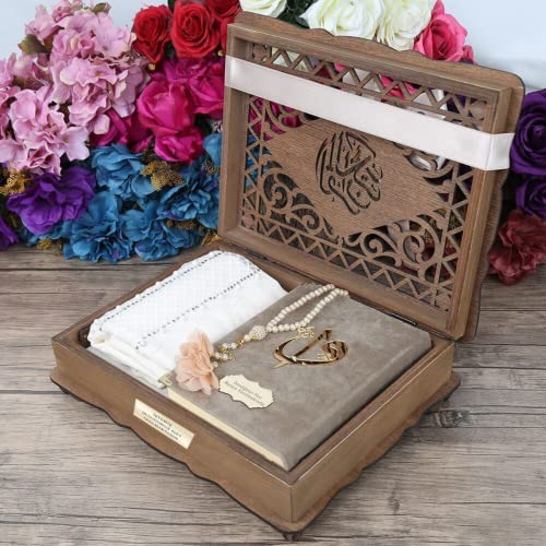 Quran Lux Shawl Misbaha Prayer Rug in Quran Stand Wooden Box | Luxury Islamic Gift Box For Women | Islamic Gift For Her, Mom, Girlfriend | Eid Ramadan Gift (Mink Color) - color: Mink Color