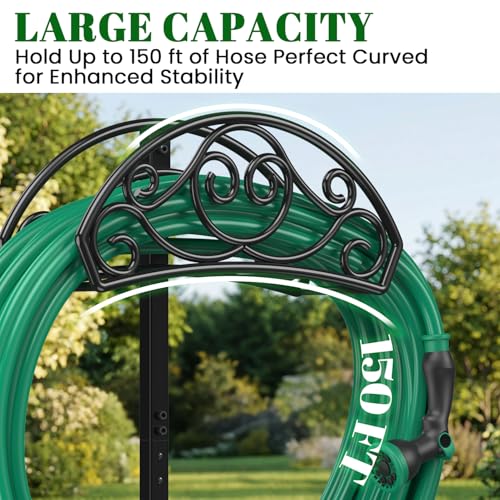Sunvigor Garden Hose Holder, Heavy Duty Metal Hose Stand with 4 Spikes, Holds Up to 150FT Hose, No Drill Freestanding Hose Reel Alternative for Yard Lawn Outdoor - color: Black-vine Style