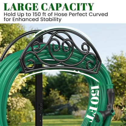 Sunvigor Garden Hose Holder, Heavy Duty Metal Hose Stand with 4 Spikes, Holds Up to 150FT Hose, No Drill Freestanding Hose Reel Alternative for Yard Lawn Outdoor - color: Black-vine Style