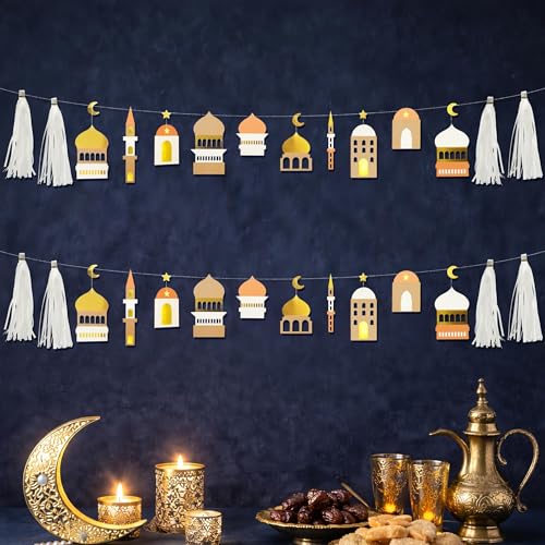 Cheerland Ramadan Banner Eid Mubarak Banner Ramadan Decorations Garland Gold White Party Decorations Islamic Mosque Garlands Islam Party Hanging Decor Gold Star Moon Crescent Muslim Party Supplies