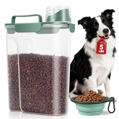 TBMax 5 Lbs Travel Dog Food Storage Container with Collapsible Dog Bowl, Airtight Pet Food Storage Dispenser with Large Spout & Measuring Cup for Kibble Dog Treat Bird Seed Container -Dark Green - color: Dark Green 6Qt