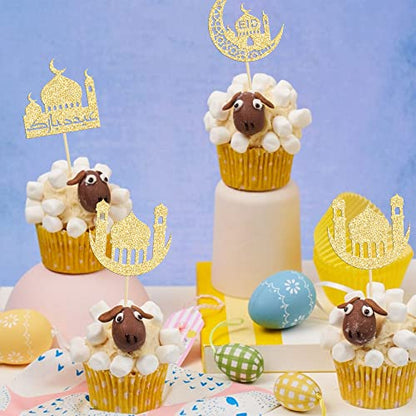 24 Pack Eid Mubarak Cupcake Toppers Glitter Star Ramadan Kareem Cupcake Pick Moon Star Eid Islamic Muslim Theme Party Cake Decoration Supplies Gold - color: Gold