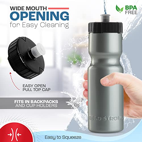 50 Strong Sports Water Bottles – Reusable 22 oz BPA-Free Plastic Bottles with Pull Top Cap – Made in USA – Top Rack Dishwasher Safe – Fits Most Bike Cages Brand - color: Silver, style: 6 Pack