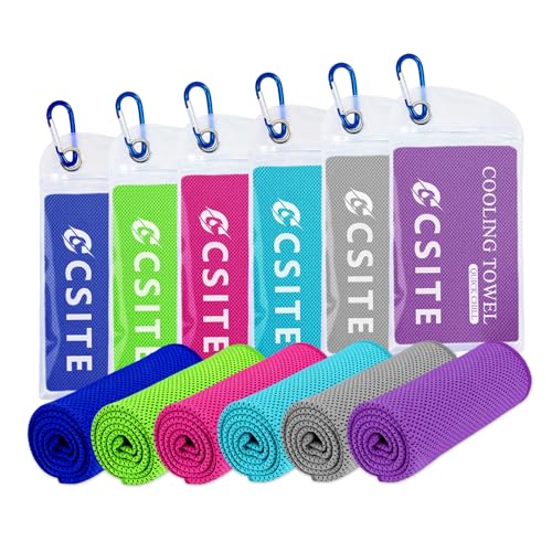 CSITE 6 Pack Cooling Towels (47"x12") for Neck and Face, Ice Towel for Hot Weather, Soft Breathable Chilly Gym Towels, Microfiber Towel for Work Out, Yoga, Running, Camping & More Activities - color: Purple/Green/Dark Blue/Rose Red/Lake Blue/Gray