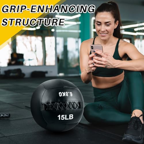 Lunmon Soft Wall Medicine Ball for Exercise Fitness Slam Weighted Med Ball with Non Slip Grip for Slamming Workout Strength Conditioning Core Training Lunge and Partner Toss - size: 15 lb