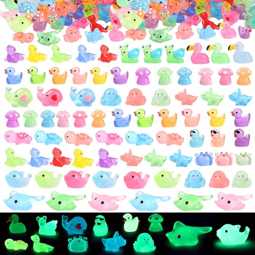 100 Pcs Mini Resin Animals Variety Pack, Glow in The Dark Animals | Mini resin figures to hide, durable, waterproof, for dollhouse decor, landscape, aquarium, fairy garden decor, party favors - color: Multicolored 100pcs Luminous Animals
