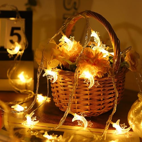 Moon Star String Lights Plug in, 10ft 20 LED Star and Moon Fairy Lights Warm White for Birthday Party Christmas Holiday Home Decoration