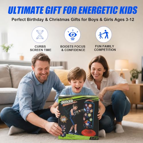 Punching Bag for Kids 51" Freestanding Boxing Bag with LED Scoring & Music | 4 Interactive Game Modes, Kids Boxing Set with Gloves&Pump, Leak-Proof Valve Design, Inflatable Boxing Bag Gift for kids 3-12