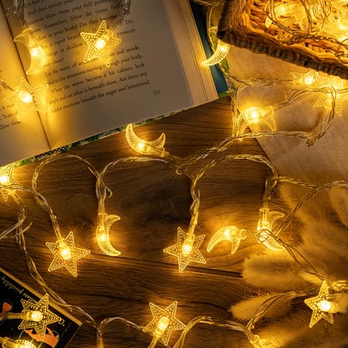 Whimsigoth Star and Moon Decor String Lights, Indoor Bedroom Classroom Dorm Patio Party Wedding Decor, Warm White (30ft Battery) - size: 30ft Battery