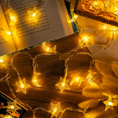 Whimsigoth Star and Moon Decor String Lights, Indoor Bedroom Classroom Dorm Patio Party Wedding Decor, Warm White (30ft Battery) - size: 30ft Battery