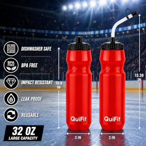 QuiFit Lacrosse Water Bottle with Long Straw - Hockey 1 Liter Water Bottles 2 Pack with 2 Lids Each- BPA Free Squeeze lightweight Water Bottle, Leakproof Dishwasher Safe- for Helmet,Baseball (Red) - color: Red