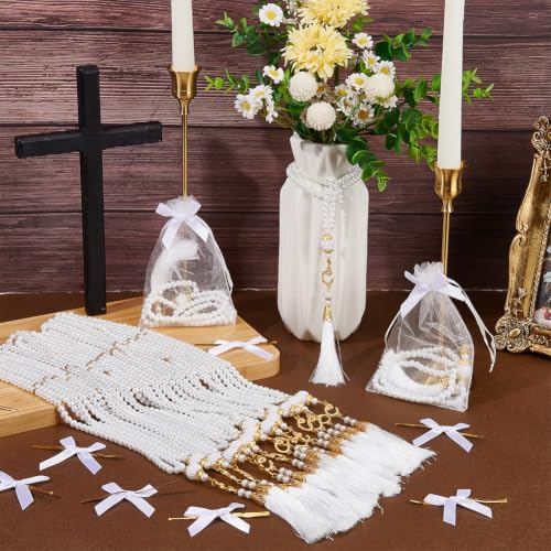 WADORN 30 Set Wooden Rosary Beads Set Bulk with White Bows and Organza Gift Bags, Muslim Ramadan Eid GiftsParty Favors, Religious Rosary Beaded Tassel Necklace Kit for Islamic Prayer Church Present