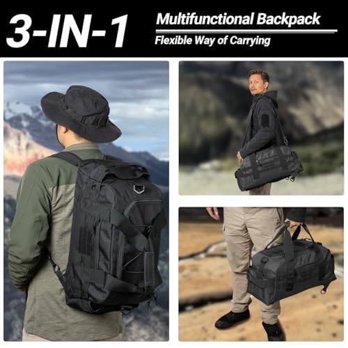 Hannibal Tactical 35L Large Duffle Bag, 3-in-1 Tactical Backpack MOLLE Pack for Sports/Gym/Outdoor, Black - color: Black