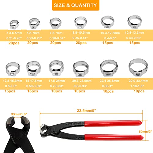 AKIHISA 180 PCS Single Ear Hose Clamps, 12 Sizes 5.3-33.1mm Crimp Hose Clamps with Ear Clamps Pincer, 304 Stainless Steel Crimp Pinch Fitting Tools Kit - size: 180Pcs (5.3-33.1mm)