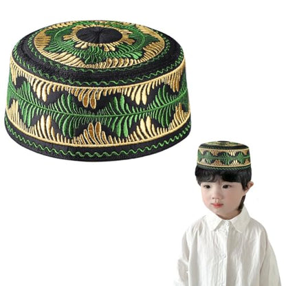 Kids Boys Muslim Prayer Kufi Hat Islamic Prayer Cap Embroidered Prayer Headwear Cap Praying Skull Cap Topi Ramadan Eid Hat - color: Black-small