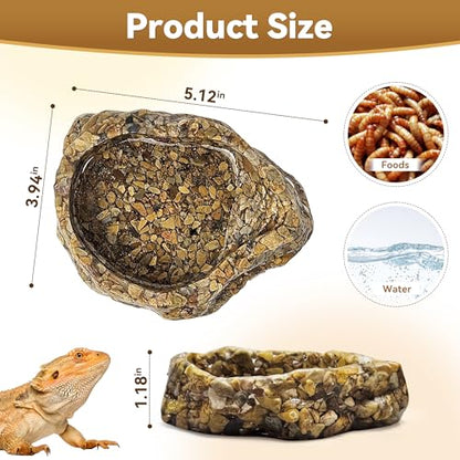 Reptile Water Dish Food Bowl, Resin Rock Bowls for Amphibians | Small Reptile Feeding Bowls for Bearded Dragon Lizard Frog Gecko Tortoise Hermit Crab Snail Spider Snake, Mini Terrarium Bowl