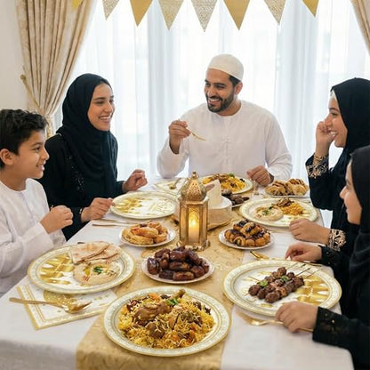 Dereinwo 50 Pcs Ramadan Eid Mubarak Large 12" x 10" Oval Paper Plates and Napkins Disposable Heavy Duty Paper Plates and Napkins for Ramadan Eid Mubarak Party Supplies - style: Eid Mubarak