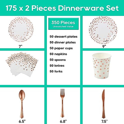 White and Rose Gold Party Supplies - 350 PCS Disposable Dinnerware Set - White Paper Plates Napkins Cups, Gold Plastic Forks Knives Spoon for Graduation, Birthday, Thanksgiving, Cocktail Party - color: White & Rose Gold