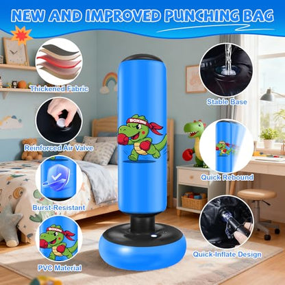Inflatable Punching Bag for Kids: Qoosea 48 Inches Kids Bop Bag Boxing Gloves & Air Pump Dinosaur Toy Gift for Toddler & Kid Ages 3-8,Freestanding Punching Bag Easy to Inflate,Boxing Bag - color: Blue