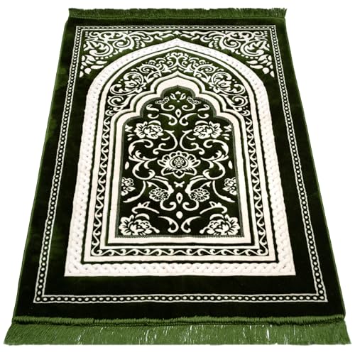 Modefa Turkish Islamic Velvet Prayer Rug - Thick & Wide Soft Praying Carpet for Men & Women - Eid & Ramadan Gift - with Kufi Cap, Beads & Car Hanger - Double Plush (Floral Arch - Green) - color: Floral Arch - Green