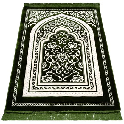 Modefa Turkish Islamic Velvet Prayer Rug - Thick & Wide Soft Praying Carpet for Men & Women - Eid & Ramadan Gift - with Kufi Cap, Beads & Car Hanger - Double Plush (Floral Arch - Green) - color: Floral Arch - Green