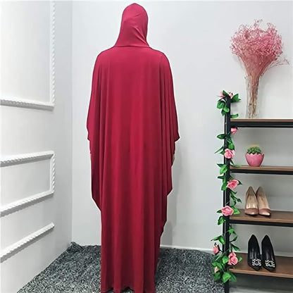 Women's Solid Muslim One-Piece Prayer Dress Abaya Kaftan with Hijab Full Length Dress - color: Red