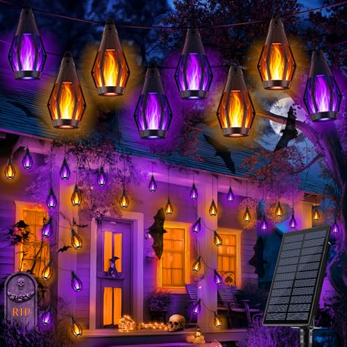 iBaycon 42Ft 15 LED Solar Flame Halloween String Lights, Warm White+Purple | Ultra-Real Flickering Flame Lamp Outdoor Waterproof, Solar Patio String Lights for Garden Yard Lawn Halloween Decorations - color: Warm White+Purple, size: 42FT