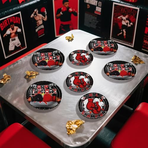 Grencian 96Pcs Boxing Birthday Party Supplies World Champion Plates and Napkins Fight Sports Wrestling Tableware Set for Boxing Birthday Party Supplies Serves 24 - style: Boxing Birthday