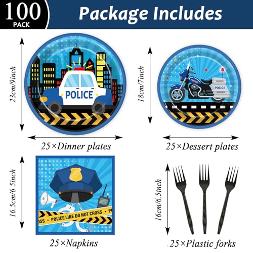 100 Pcs Police Party Plates and Napkins Party Supplies Police Birthday Party Tableware Set Police Officer and Car Party Decorations Favors for Police Theme Party Serves 25 - style: Police