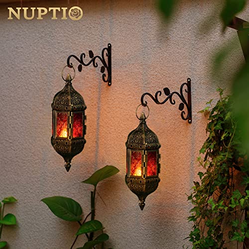6 Pcs Hanging Hexagon Decorative Moroccan Candle Lantern Holders, Handmade Hanging Tea Light Holder in Bronze Metal & Red & Purple Glass Gift & Decor Items | Hexagon Metal Frames, Red & Purple & Yellow Glass Panels, Handmade Look, for Weddings, Parties, D