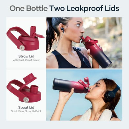 BUZIO 24 oz Insulated Water Bottle, Stainless Steel Wide Mouth Water Flask with Straw Lid, Cold for 48 Hrs Leak Proof Metal Hydro Thermo Canteen Mug, Red Navy - color: Ruby Red Navy, size: 24 Ounces