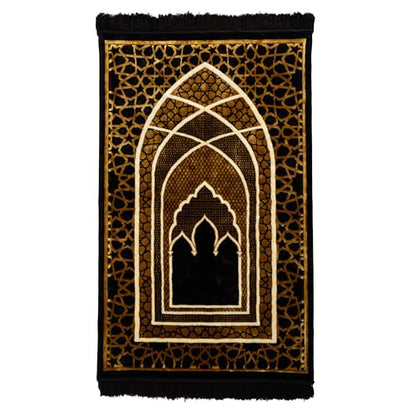 Modefa Turkish Islamic Prayer Rug - Comfortable Muslim Praying Mat for Men & Women - Soft Velvet Janamaz Praying Carpet - Ramadan or Eid Gift - with Kufi Prayer Cap - Plush Saray (Black/Gold)