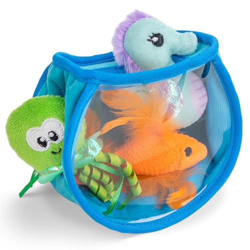 Catstages Hide & Seek Fish Bowl Interactive Cat Toy with Two Catnip Blend Toys, Blue