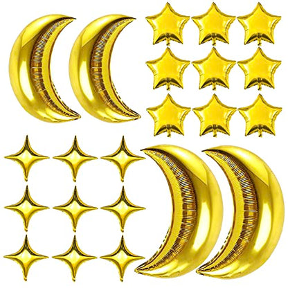 54Pcs Star Foil Balloons Moon Foil Mylar Balloons Kit with 50Pcs Gold Star Balloons and 4Pcs Large Moon Foil Balloons for Baby Shower Christmas Anniversary Engagement Wedding Birthday Party Decoration - style: Gold Moon Star Balloons