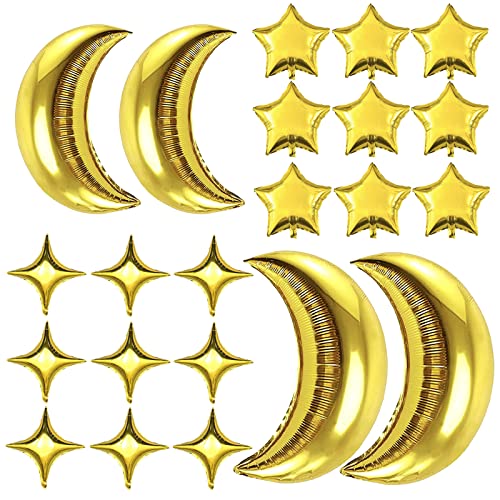 54Pcs Star Foil Balloons Moon Foil Mylar Balloons Kit with 50Pcs Gold Star Balloons and 4Pcs Large Moon Foil Balloons for Baby Shower Christmas Anniversary Engagement Wedding Birthday Party Decoration - style: Gold Moon Star Balloons