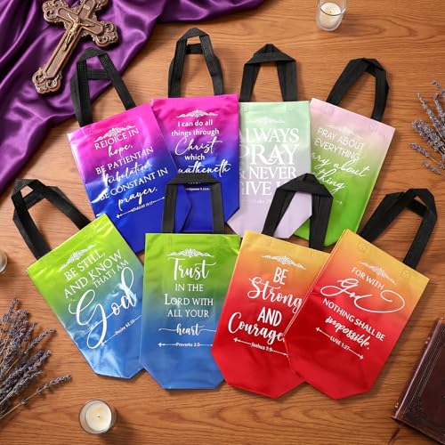 Aliceset 64 Pcs Christian Gift Bags Bulk with Handles for Church Favors Reusable Medium Bible Verse Religious Gift Bags Non Woven Welcome Totes for Baptism Vacation Bible School Gifts (Gradient) - color: Gradient