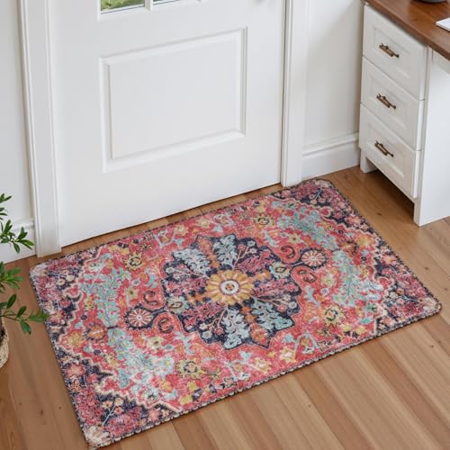 Lahome Bohemian Floral Medallion Area Rug - 2x3 Small Hot Pink Bath Rug Kitchen Sink Mat, Machine Washable Non-Slip Soft Indoor Carpet for Doormat Bedside Apartment Entrance, Fuchsia/Multi - color: Fuchsia/Multi, size: 2' x 3' (Rectangular)