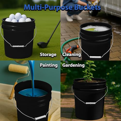 5-Gallon Bucket with Airtight Lid – Made in USA, Food Grade BPA Free Plastic, Heavy Duty Multi-Use, Metal Handle with Grip, Stackable Storage – Black, 6 Pack - color: 5 Gallon - Black, size: 6