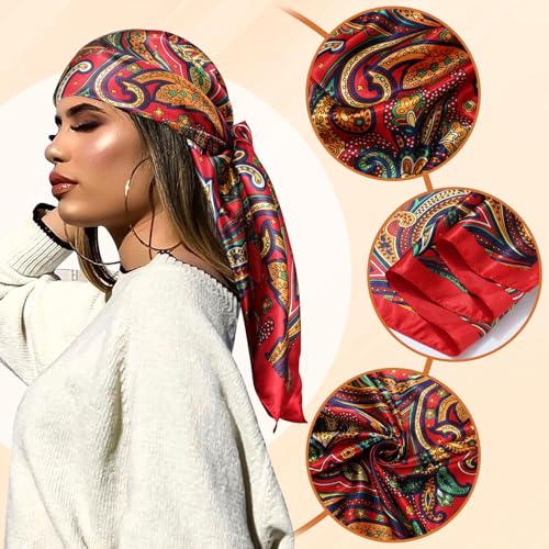 AWAYTR 35” Large Satin Square Head Scarf - 2Pcs Silk Like Floral Head Scarves Square Satin Hair Scarf Bandanas for Women - color: Paisley(blue/Red)