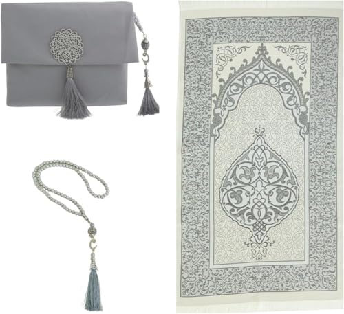 Premium Area Rug for Islamic Prayers - Muslim Prayer Mat and Rug for Men with Arabic Gifts - Traditional Islamic Prayer Rug Islam - سجادة صلاة Included - color: Grey