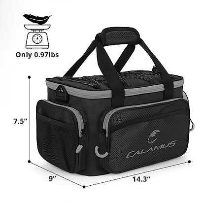 Calamus TB61 Fishing Tackle Bag, Fishing Gear, Gifts for Angler, Black | Saltwater & Freshwater Fishing Bags, Rip-Stop PE, Padded Shoulder Strap, Pliers Storage, Easy to Organize, Functional Design - color: D：Black(without trays)-14.3*9*7.5 inches