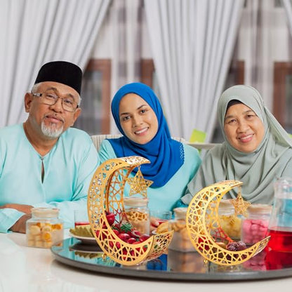 Qinyoung Ramadan Moon Star Tray, 2 Pcs Gold Metal Serving Tray, Eid Mubarak Dessert Trays, Islamic Themed Home Decoration, 2 Sizes, Sturdy, Suitable for Special Occasions