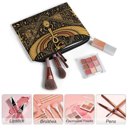 Egyptian Symbols Golden Hieroglyphic Makeup Bag for Women, Cosmetic Pouch Travel Toiletry Organizer Bag 8.9"x6.5" Polyester - color: Egyptian Symbols Golden Hieroglyphic